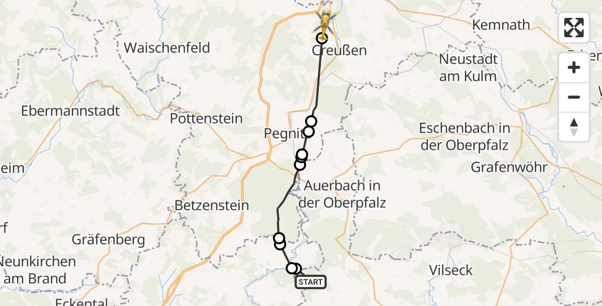 Flugroute Rettungshubschrauber Königstein - Creußen, 14 Oktober 2026, 09:35