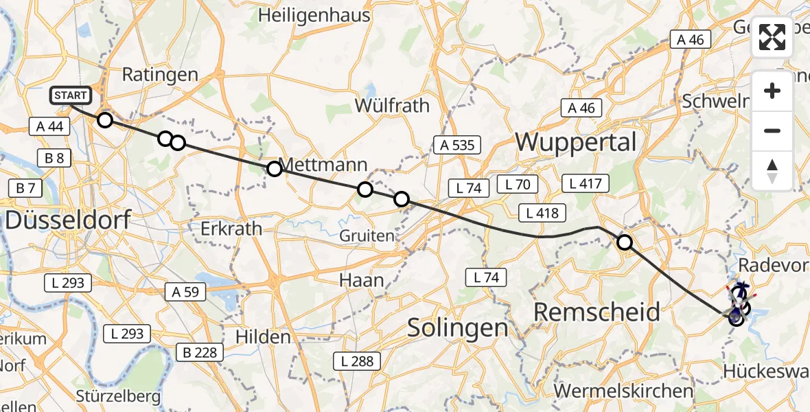 Flugroute Polizeihubschrauber Düsseldorf Flughafen - Remscheid, 14 Oktober 2026, 09:37