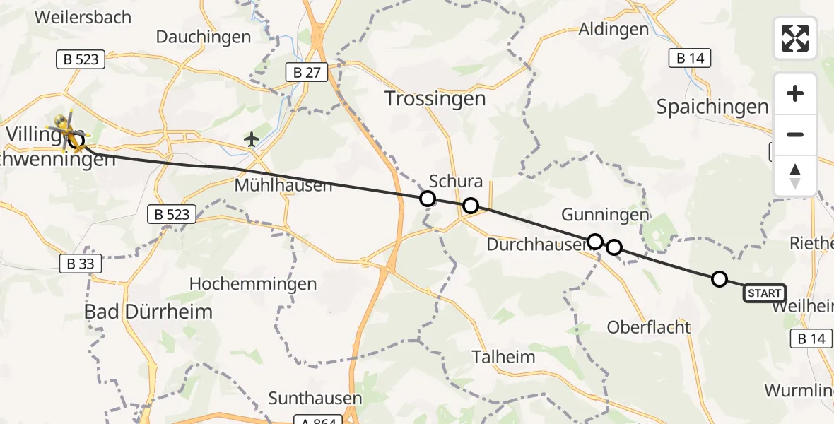 Flugroute Ambulanzhubschrauber Rietheim-Weilheim - DRF Air Rescue Station Villingen-Schwenningen Hubschrauberlandeplatz (Christoph 11), 14 Oktober 2026, 09:48