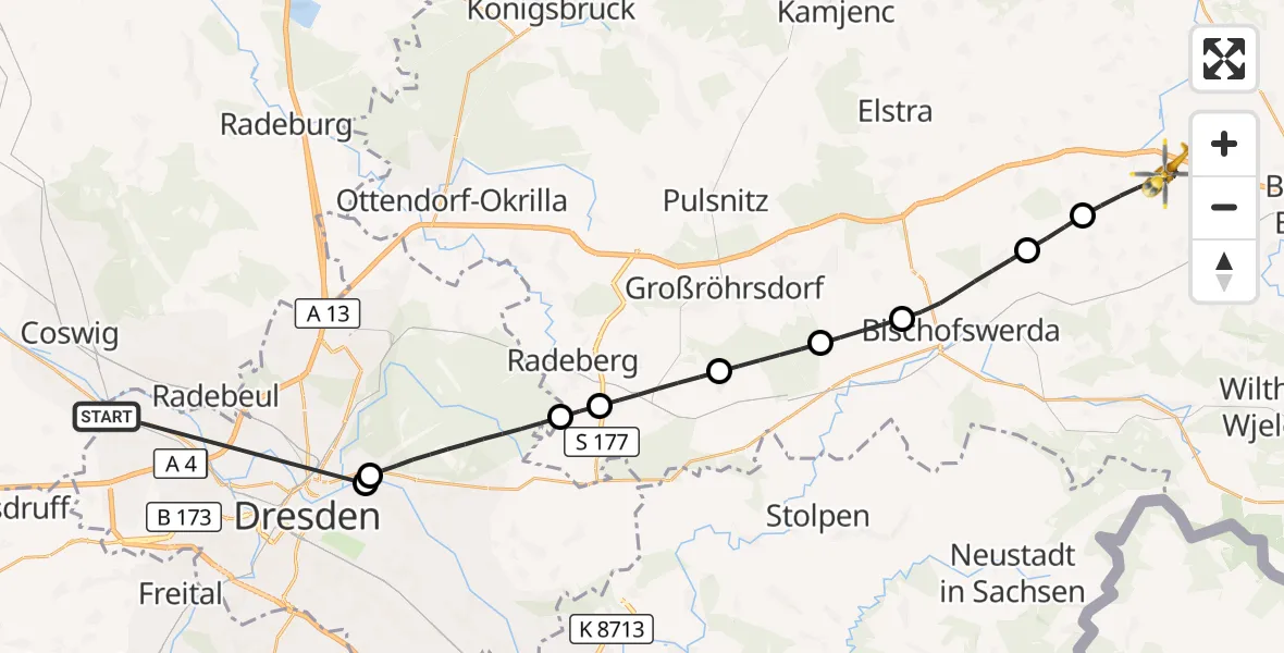 Flugroute Rettungshubschrauber Dresden - Göda, 14 Oktober 2026, 09:56