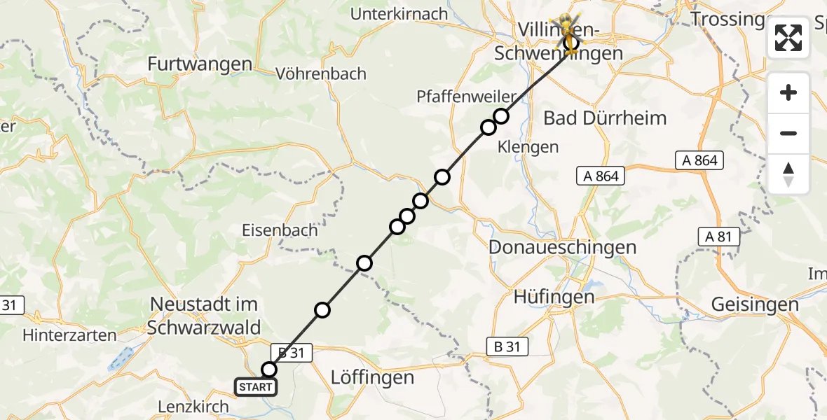 Flugroute Ambulanzhubschrauber Lenzkirch - DRF Air Rescue Station Villingen-Schwenningen Hubschrauberlandeplatz (Christoph 11), 14 Oktober 2026, 09:59
