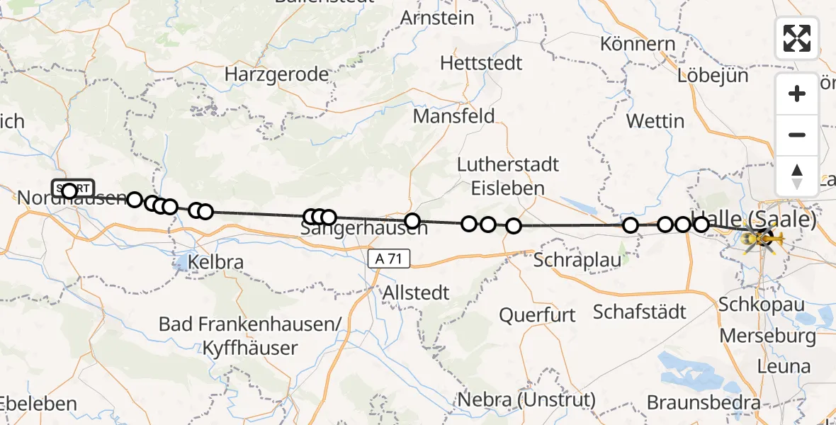 Flugroute Rettungshubschrauber Südharz Hospital Nordhausen - BG Hospital Bergmannstrost Halle, 14 Oktober 2026, 10:08