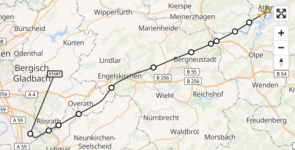 Flugroute Ambulanzhubschrauber Bergisch Gladbach - Attendorn, 14 Oktober 2026, 10:08