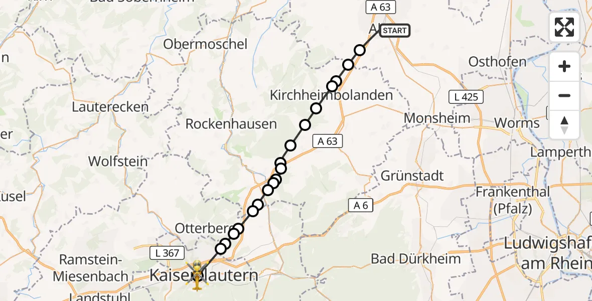 Flugroute Rettungshubschrauber Alzey - Westpfalz Hospital Kaiserslautern, 14 Oktober 2026, 10:10