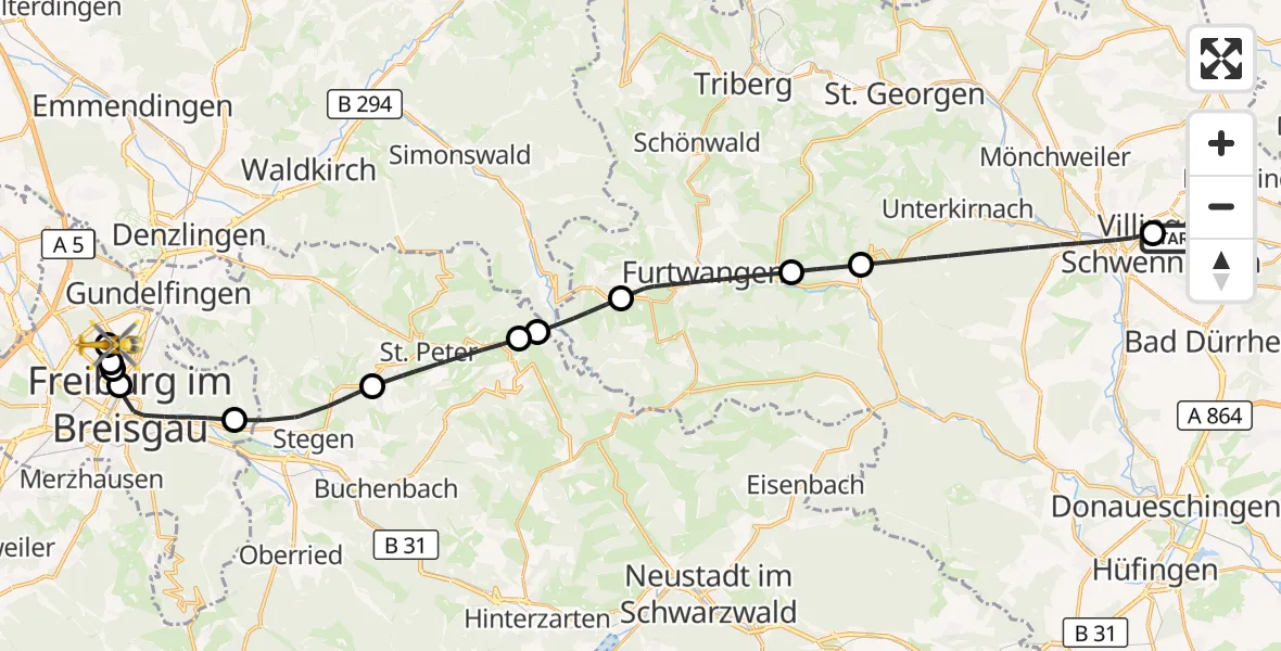 Flugroute Ambulanzhubschrauber DRF Air Rescue Station Villingen-Schwenningen Hubschrauberlandeplatz (Christoph 11) - Freiburg im Breisgau Flugplatz, 14 Oktober 2026, 10:43