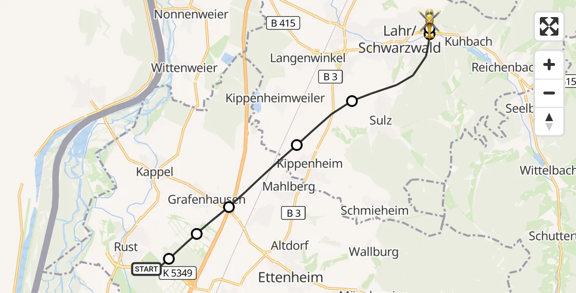 Flugroute Rettungshubschrauber Rust - Ortenau Hospital Lahr-Ettenheim, 14 Oktober 2026, 10:44