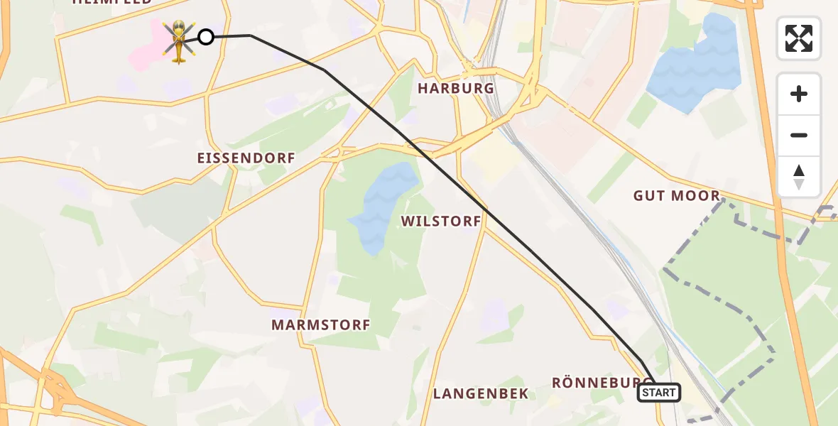 Flugroute Rettungshubschrauber Hamburg - Asklepios Hospital Harburg, 14 Oktober 2026, 10:47