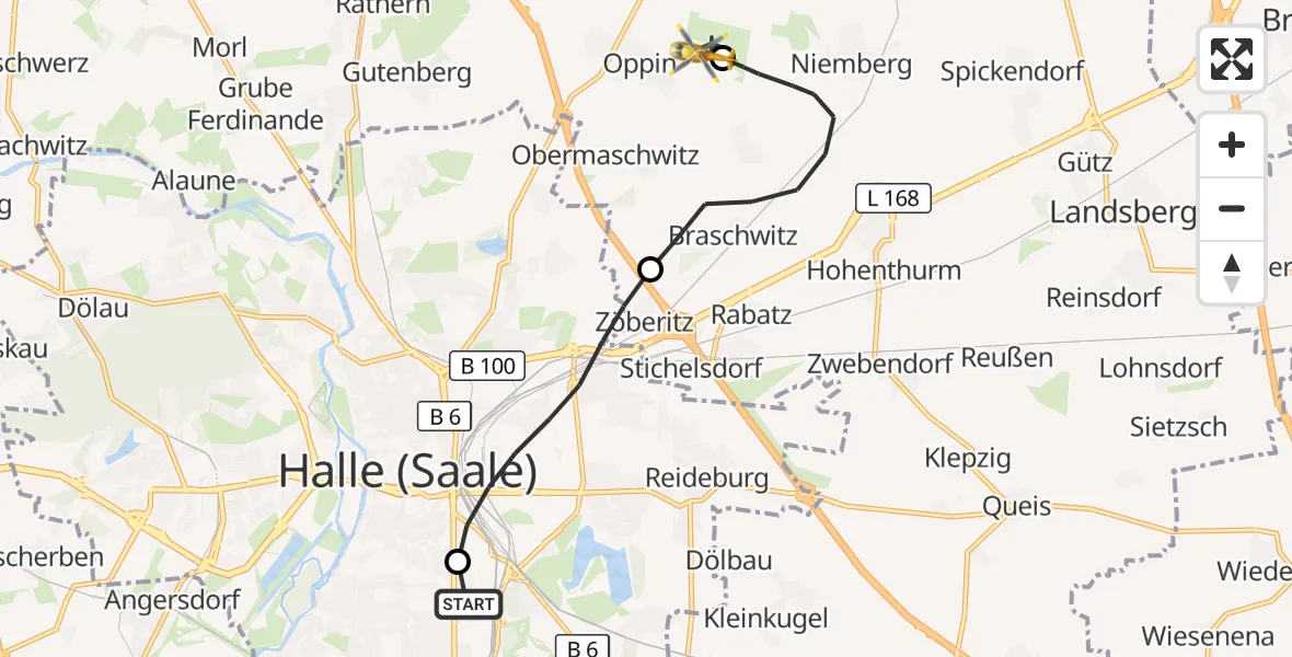 Flugroute Rettungshubschrauber BG Hospital Bergmannstrost Halle - Halle-Oppin Flugplatz, 14 Oktober 2026, 10:50