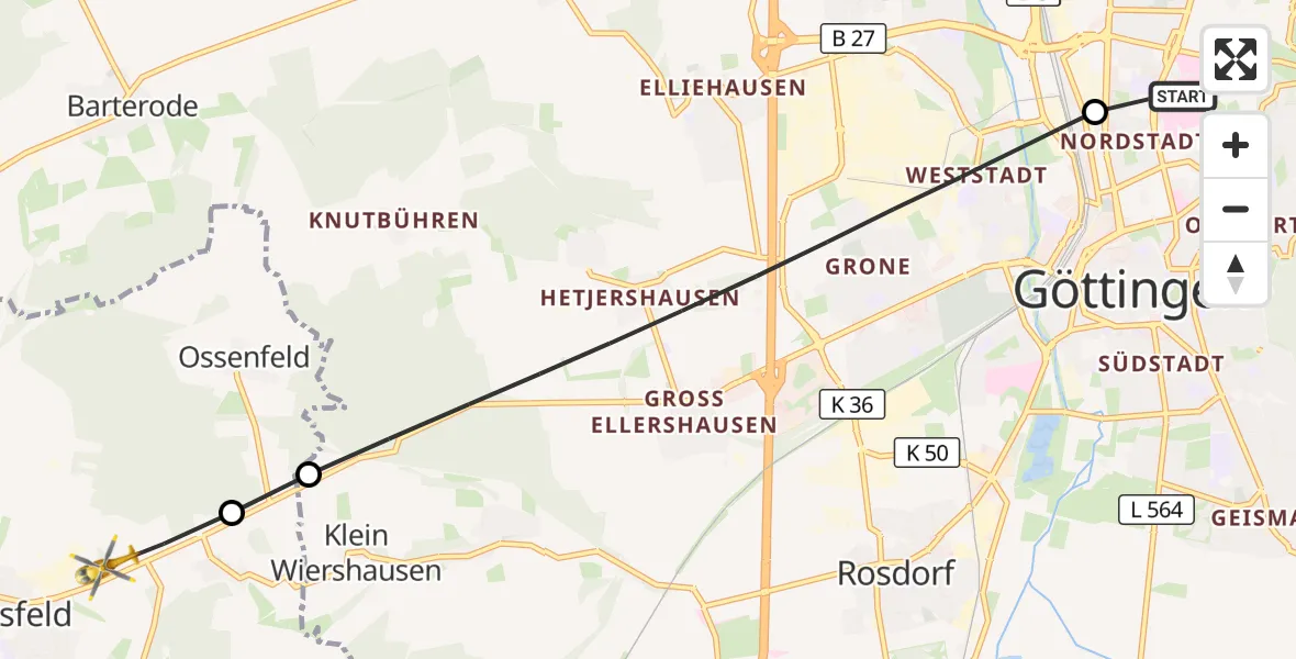 Flugroute Rettungshubschrauber Göttingen University Clinic Hubschrauberlandeplatz - Dransfeld, 14 Oktober 2026, 10:50