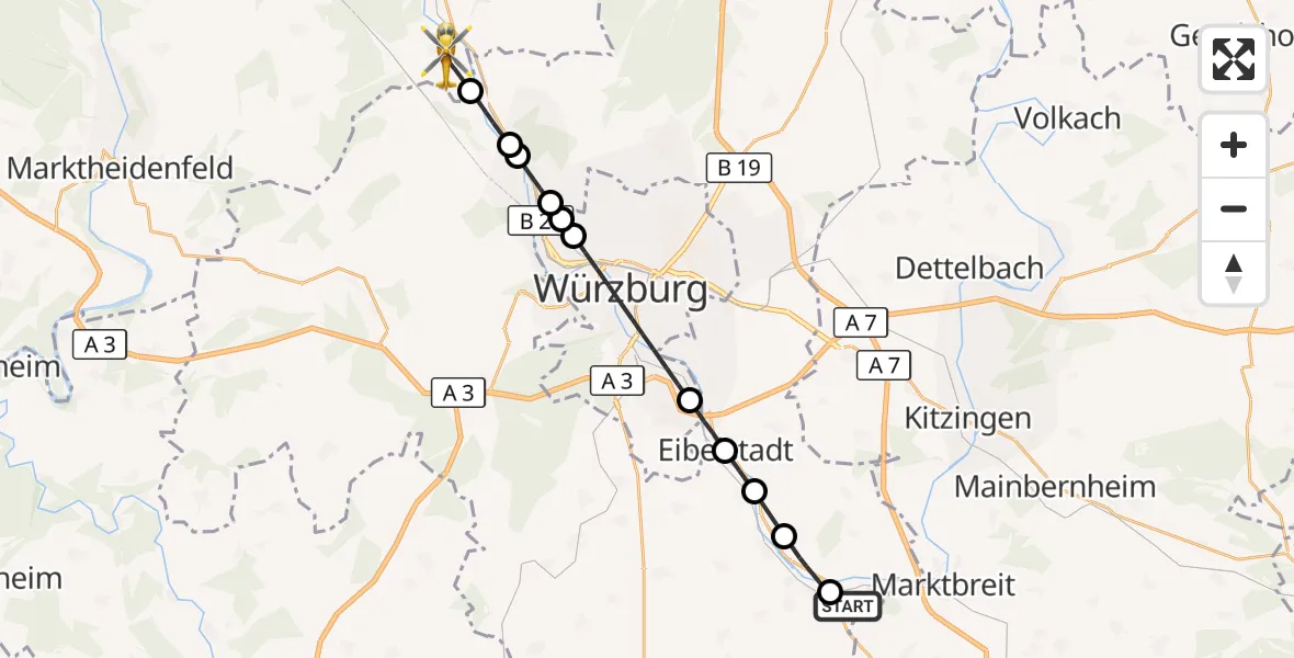 Flugroute Rettungshubschrauber Ochsenfurt Hospital - Zellingen, 14 Oktober 2026, 10:56