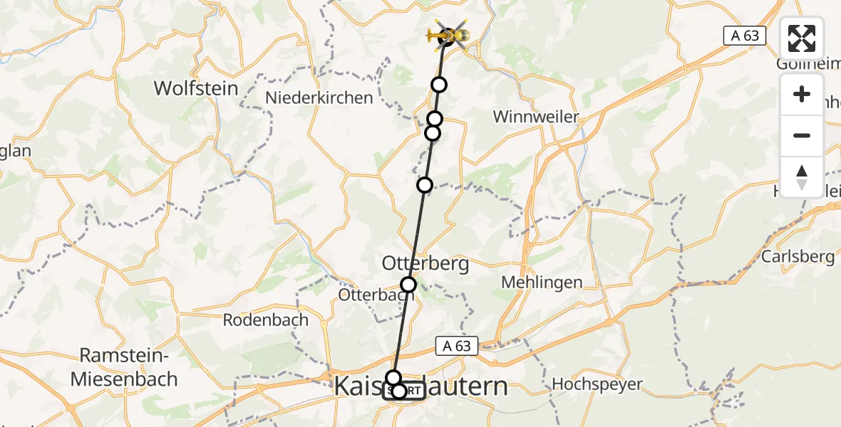 Flugroute Rettungshubschrauber Westpfalz Hospital Kaiserslautern - Rockenhausen, 14 Oktober 2026, 10:58