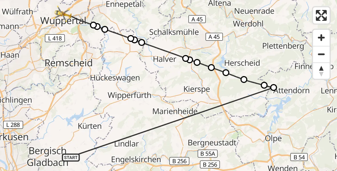 Flugroute Ambulanzhubschrauber Bergisch Gladbach - Wuppertal, 14 Oktober 2026, 11:06