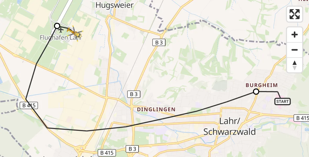 Flugroute Rettungshubschrauber Ortenau Hospital Lahr-Ettenheim - Lahr Flughafen, 14 Oktober 2026, 11:11