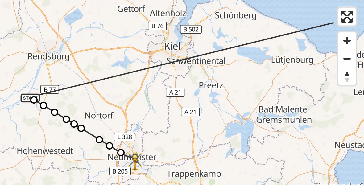 Flugroute Ambulanzhubschrauber Hörsten - Neumünster, 14 Oktober 2026, 11:11
