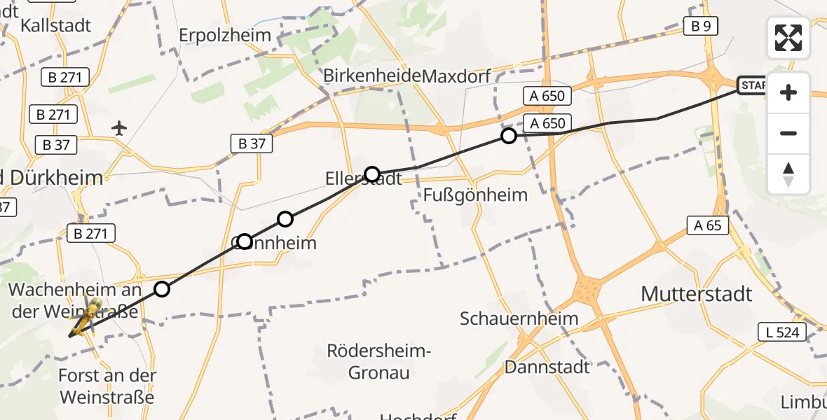 Flugroute Rettungshubschrauber Ludwigshafen am Rhein - Wachenheim an der Weinstraße, 14 Oktober 2026, 11:14