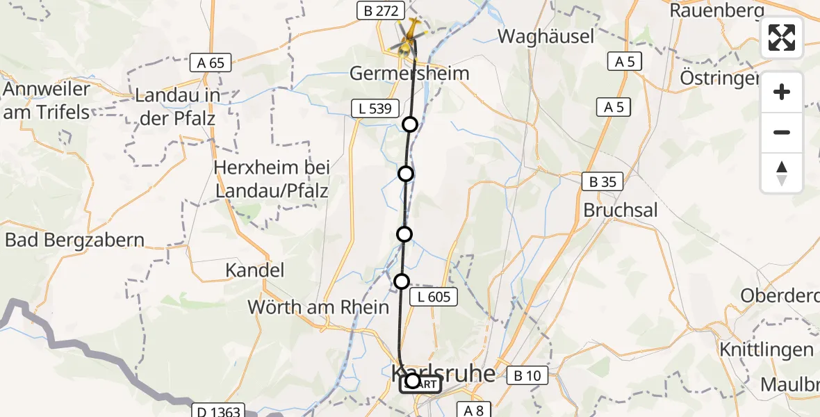 Flugroute Ambulanzhubschrauber Sankt Vincentius Hospital - Germersheim, 14 Oktober 2026, 11:18