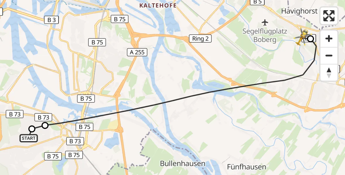 Flugroute Rettungshubschrauber Asklepios Hospital Harburg - Christoph Hansa ADAC Hubschrauberlandeplatz, 14 Oktober 2026, 11:19