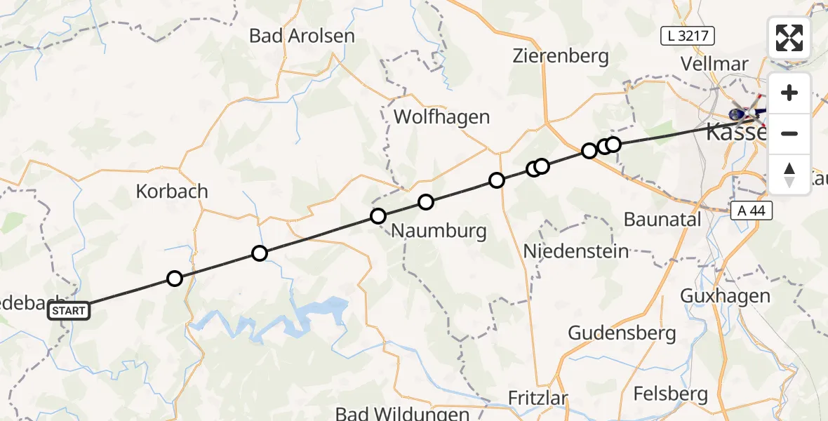 Flugroute Polizeihubschrauber Lichtenfels - Kassel, 14 Oktober 2026, 11:19