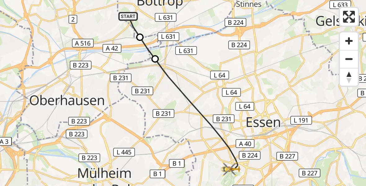 Flugroute Rettungshubschrauber Bottrop - Essen, 14 Oktober 2026, 11:22