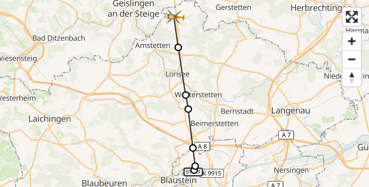 Flugroute Rettungshubschrauber Ulm Military Hospital Emergency - Amstetten, 14 Oktober 2026, 11:28