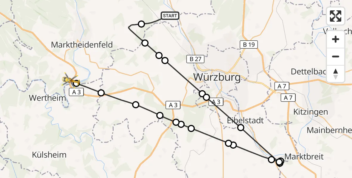 Flugroute Rettungshubschrauber Zellingen - Triefenstein, 14 Oktober 2026, 11:30