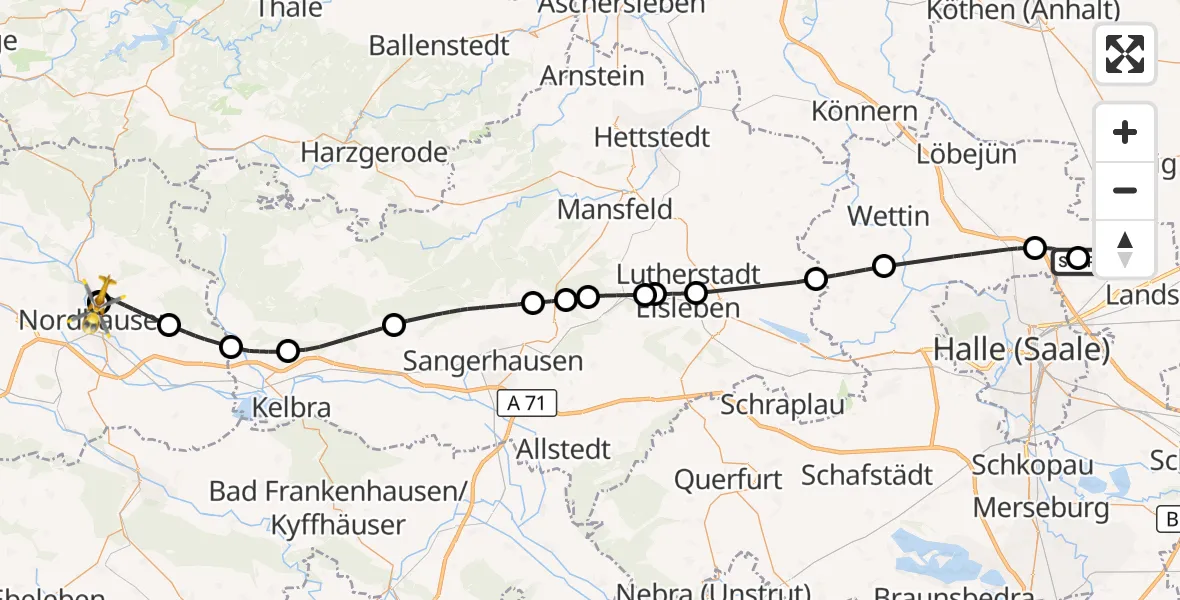 Flugroute Rettungshubschrauber Halle-Oppin Flugplatz - Südharz Hospital Nordhausen, 14 Oktober 2026, 11:32