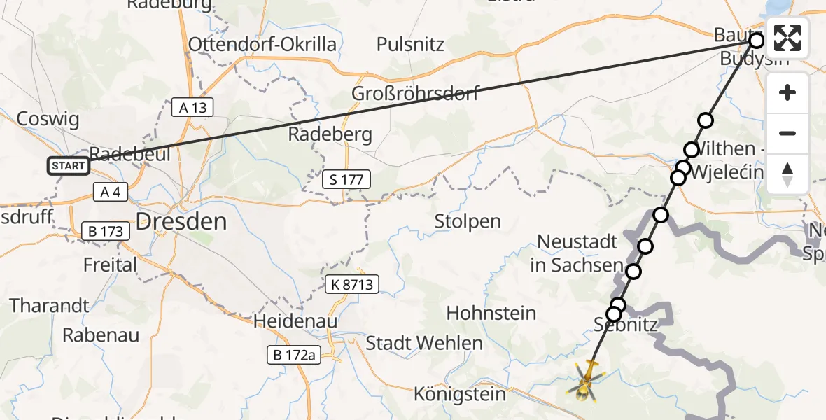 Flugroute Rettungshubschrauber Dresden - Sebnitz, 14 Oktober 2026, 11:38