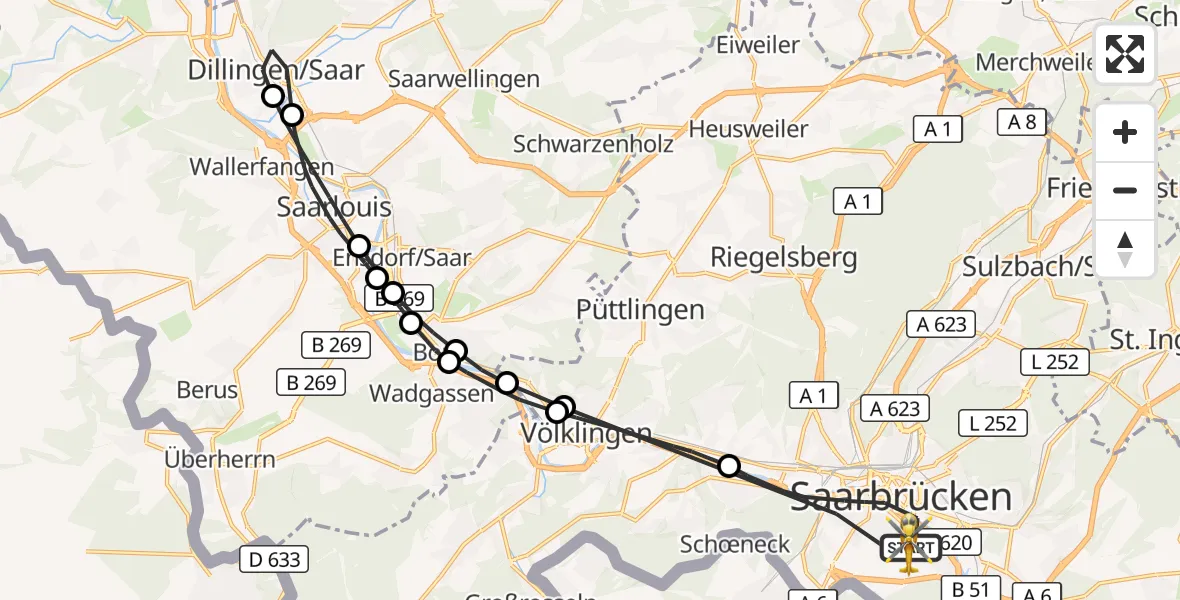 Flugroute Rettungshubschrauber Saarbrücken - Saarbrücken, 14 Oktober 2026, 11:39
