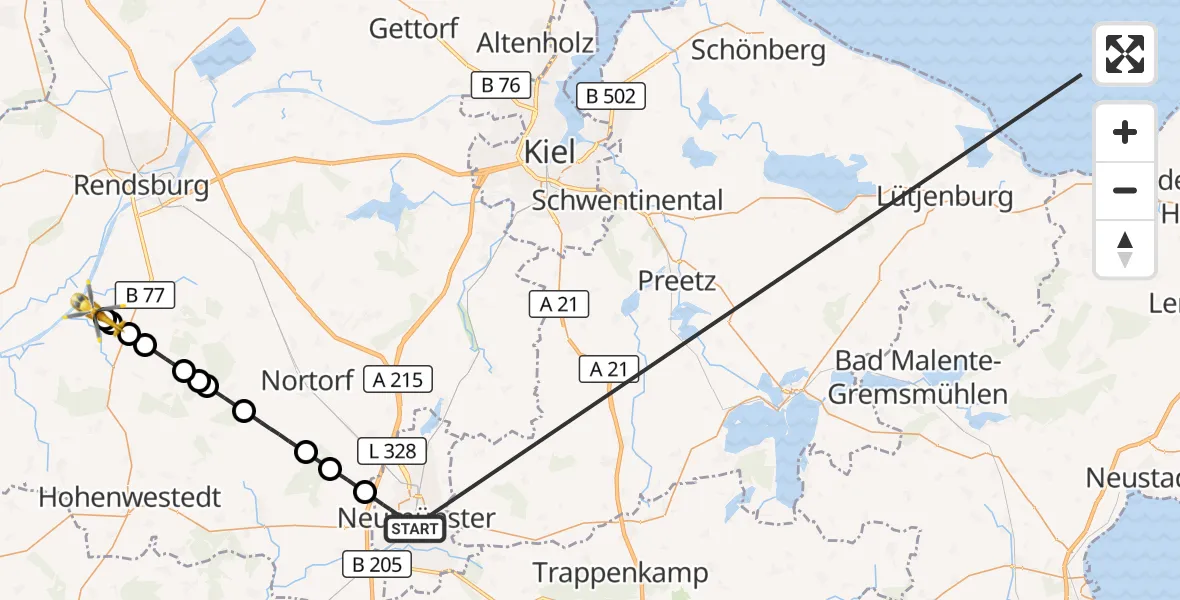 Flugroute Ambulanzhubschrauber Neumünster - Hörsten, 14 Oktober 2026, 11:42