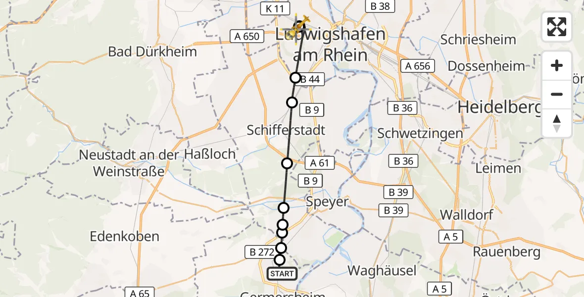 Flugroute Ambulanzhubschrauber Germersheim - Ludwigshafen Accident Hospital, 14 Oktober 2026, 11:44