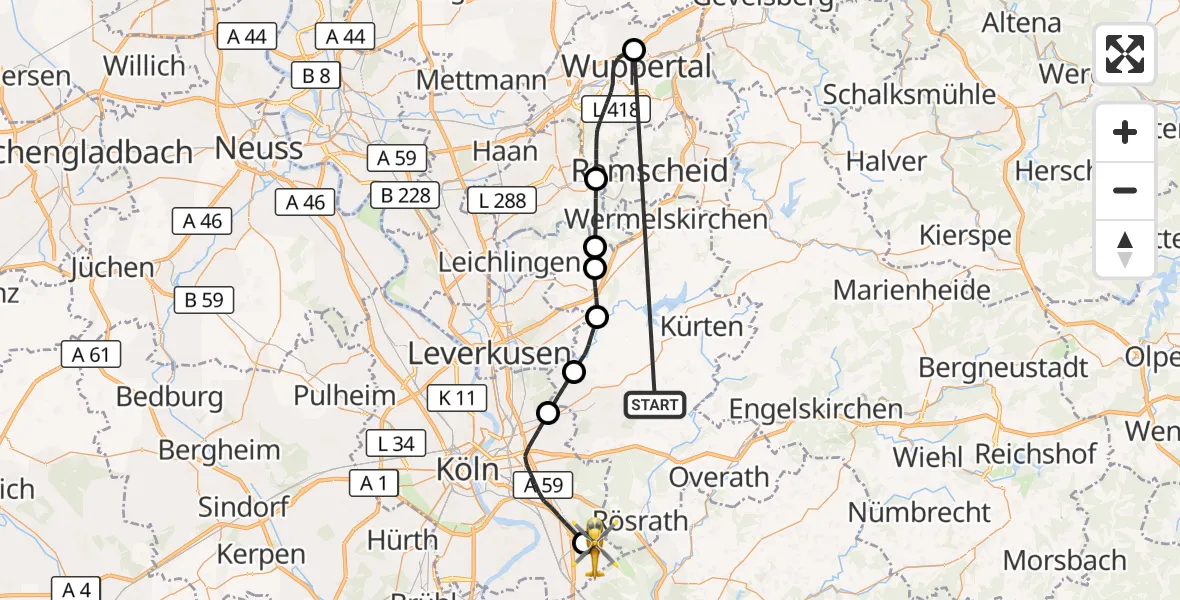 Flugroute Ambulanzhubschrauber Bergisch Gladbach - Köln Bonn Flughafen, 14 Oktober 2026, 11:44