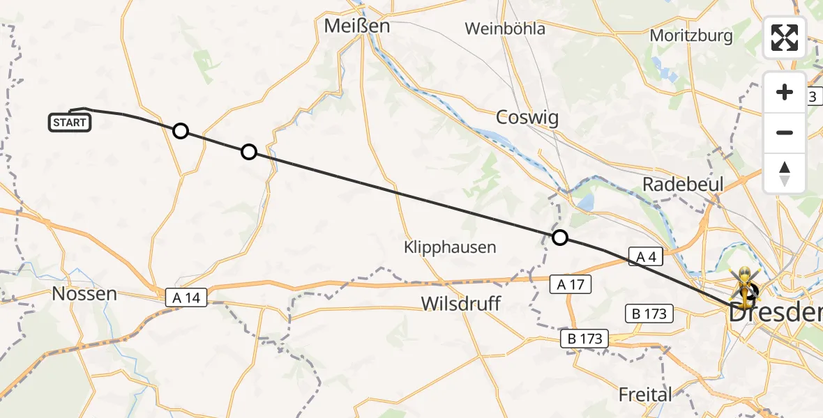 Flugroute Rettungshubschrauber Nossen - Dresden Friedrichstadt Hospital, 14 Oktober 2026, 11:46