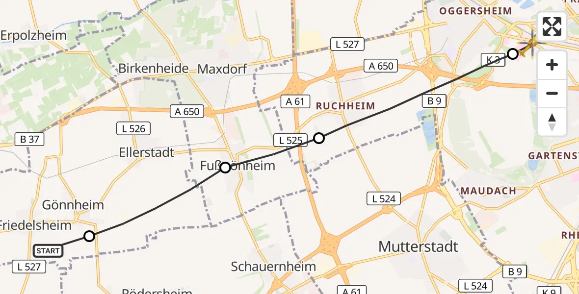 Flugroute Rettungshubschrauber Friedelsheim - Ludwigshafen Accident Hospital, 14 Oktober 2026, 11:54