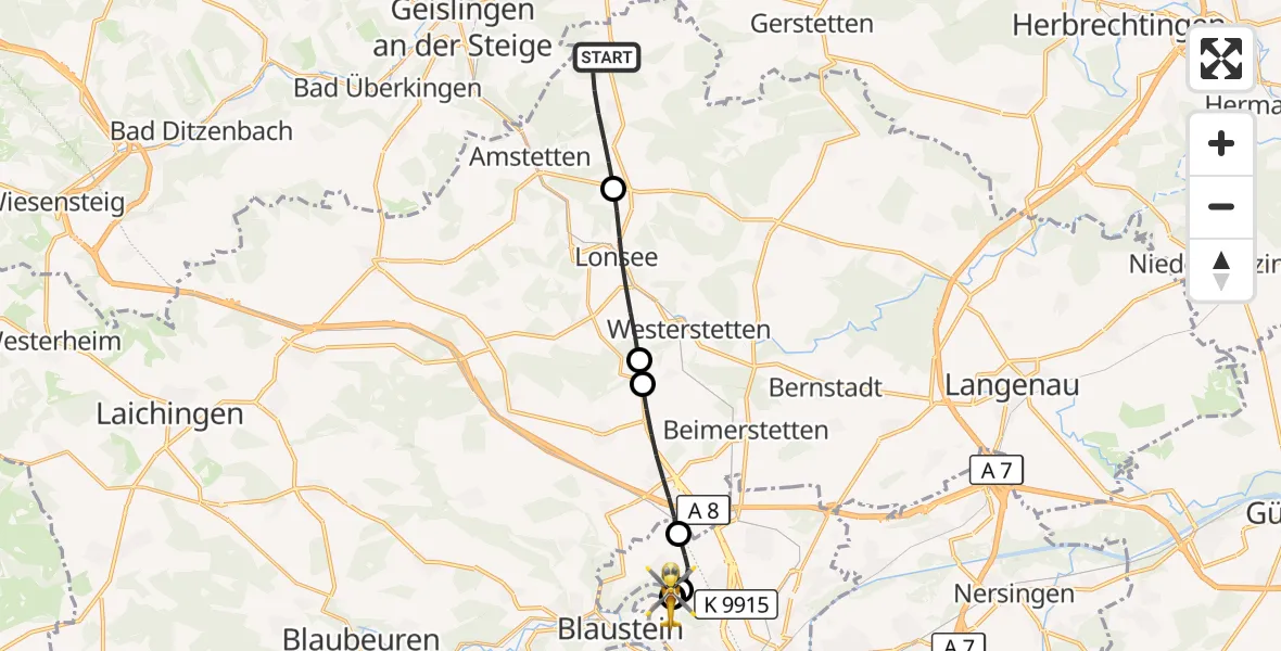 Flugroute Rettungshubschrauber Amstetten - ADAC Air Rescue Station Ulm (Christoph 22), 14 Oktober 2026, 11:54
