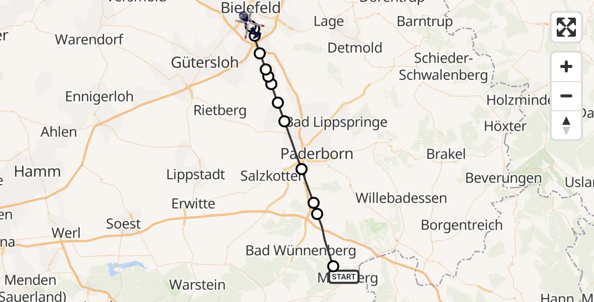 Flugroute Polizeihubschrauber Marsberg - Luftrettungszentrum Bielefeld, 14 Oktober 2026, 11:55