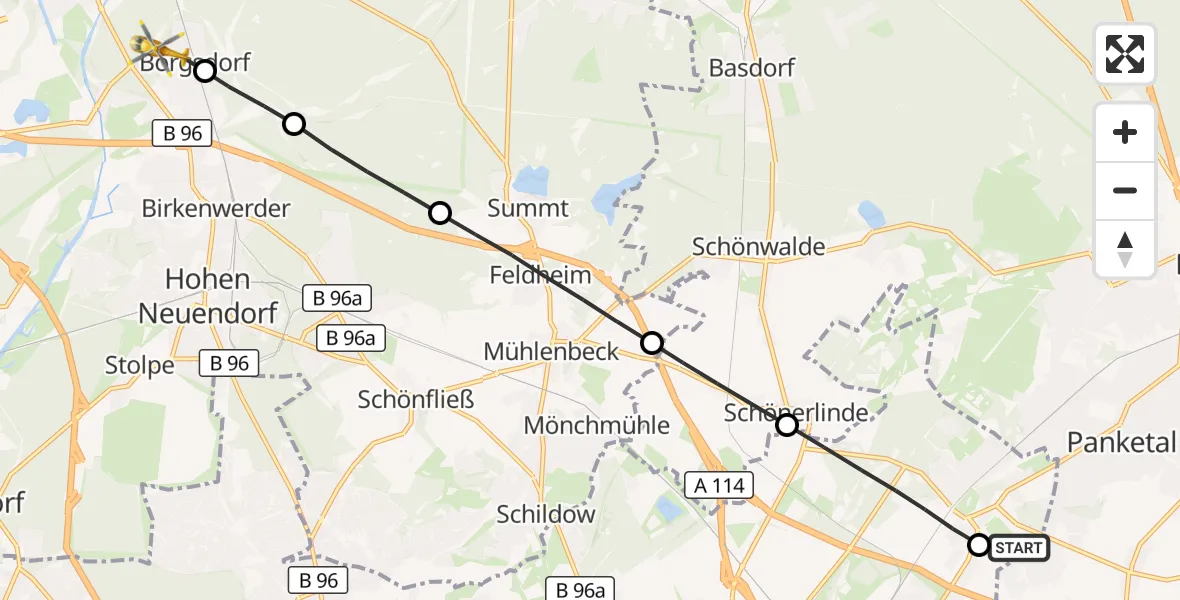 Flugroute Rettungshubschrauber Helios Clinic Berlin-Buch - Hohen Neuendorf, 14 Oktober 2026, 11:56