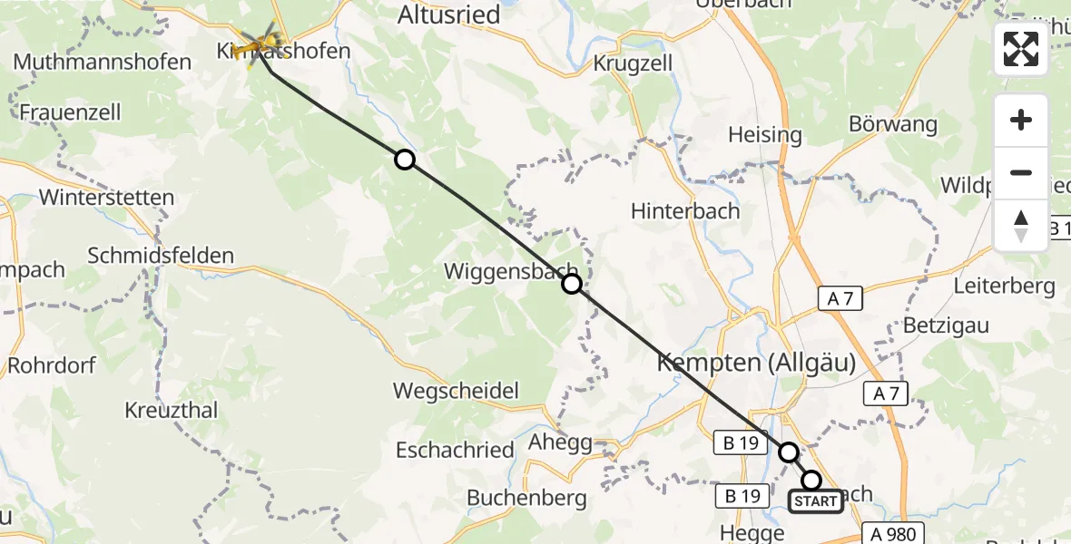 Flugroute Rettungshubschrauber Kempten-Durach Flugplatz - Altusried, 14 Oktober 2026, 11:59