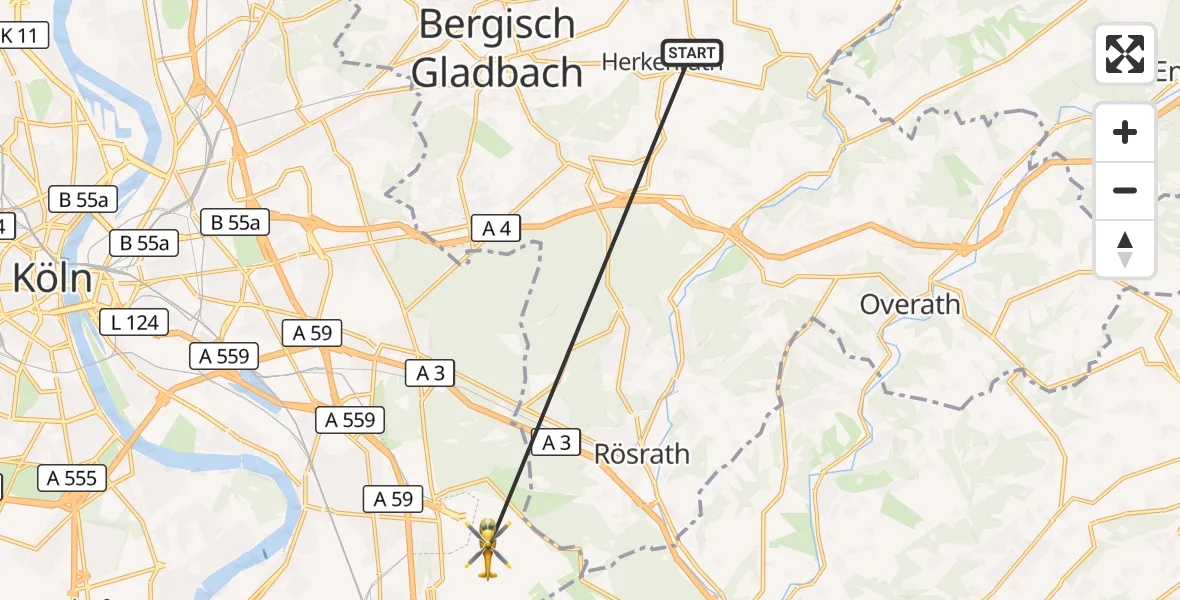 Flugroute Ambulanzhubschrauber Bergisch Gladbach - Köln Bonn Flughafen, 14 Oktober 2026, 12:03