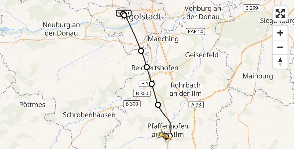 Flugroute Rettungshubschrauber Ingolstadt Hospital - Ilmtal Hospital Pfaffenhofen, 14 Oktober 2026, 12:06