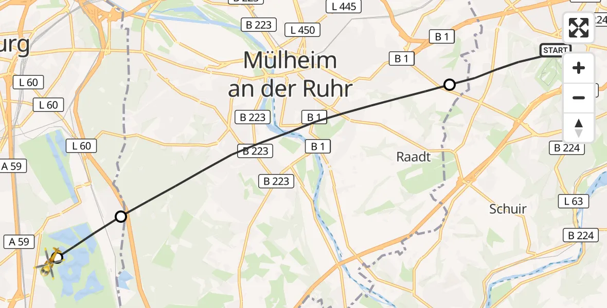 Flugroute Rettungshubschrauber Essen - Duisburg Air Rescue Hubschrauberlandeplatz (Christoph 9), 14 Oktober 2026, 12:10