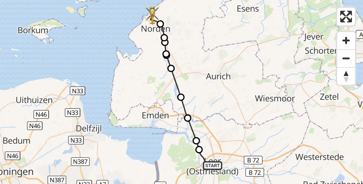 Flugroute Ambulanzhubschrauber Leer (Ostfriesland) - Norden, 14 Oktober 2026, 12:12