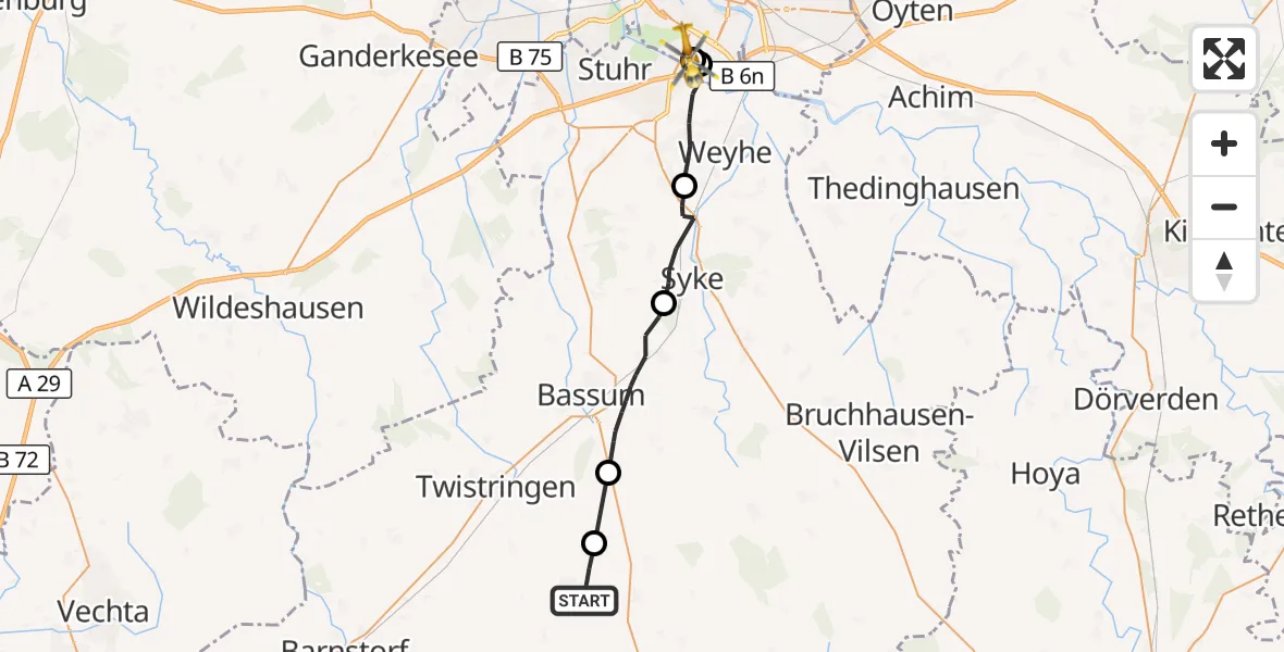 Flugroute Rettungshubschrauber Ehrenburg - ADAC Air Rescue Station Bremen Hubschrauberlandeplatz (Christoph 6), 14 Oktober 2026, 12:15