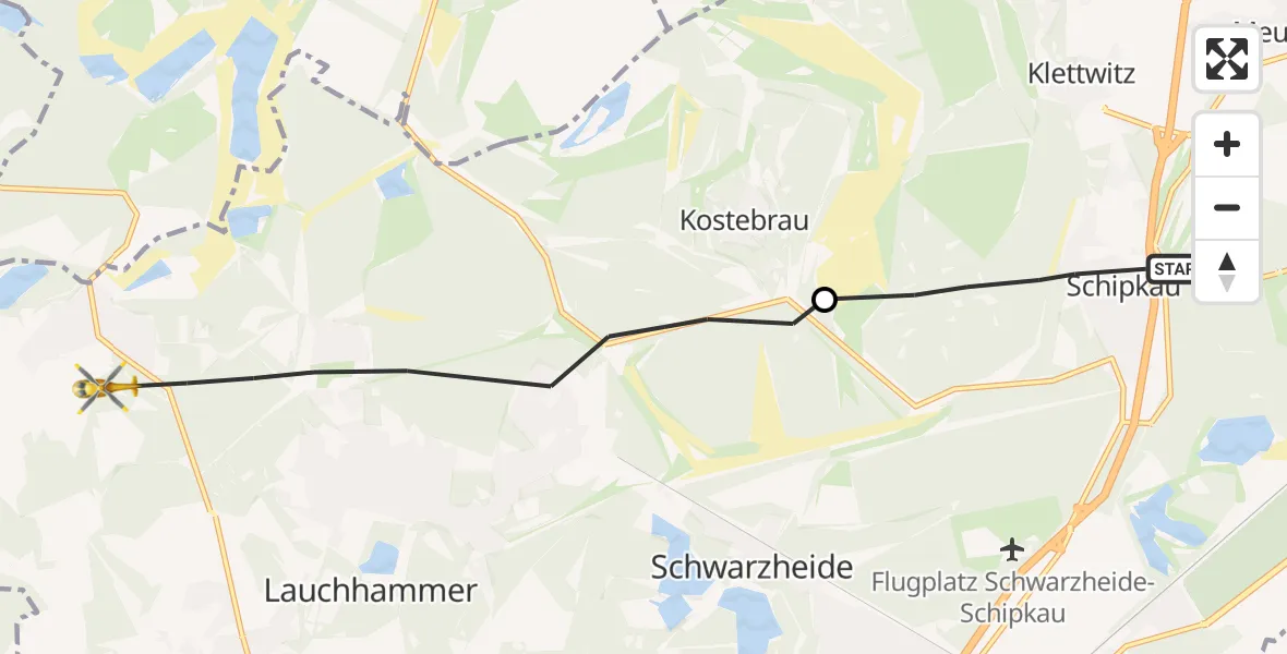 Flugroute Rettungshubschrauber Schipkau - Lauchhammer, 14 Oktober 2026, 12:25