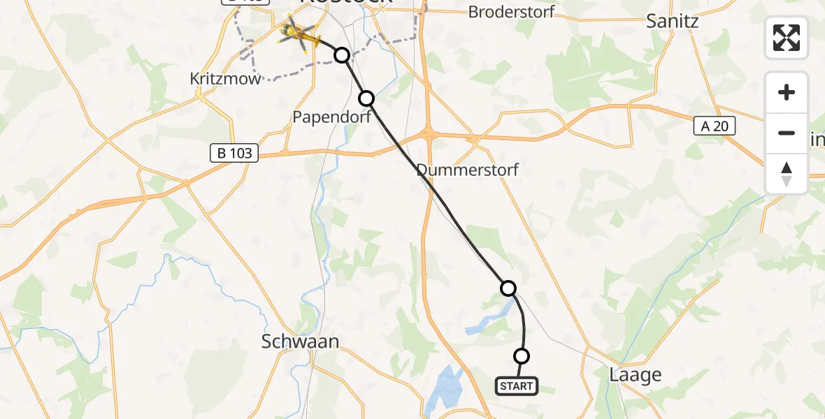 Flugroute Rettungshubschrauber Flughafen Rostock-Laage - Rostock, 14 Oktober 2026, 12:26