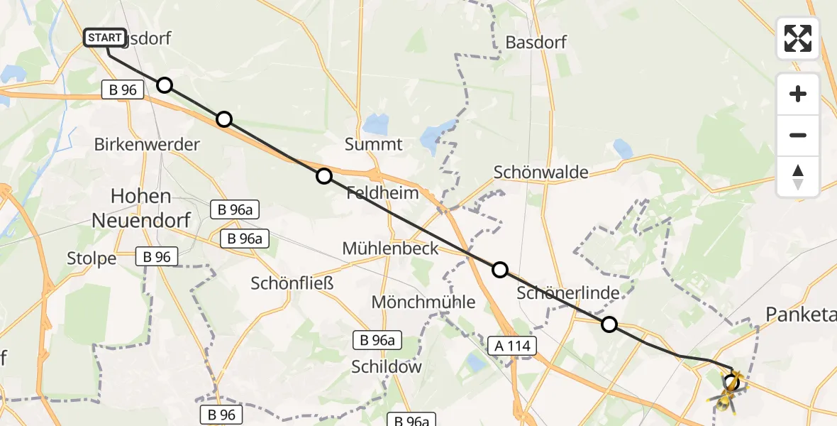 Flugroute Rettungshubschrauber Hohen Neuendorf - Helios Clinic Berlin-Buch, 14 Oktober 2026, 12:27