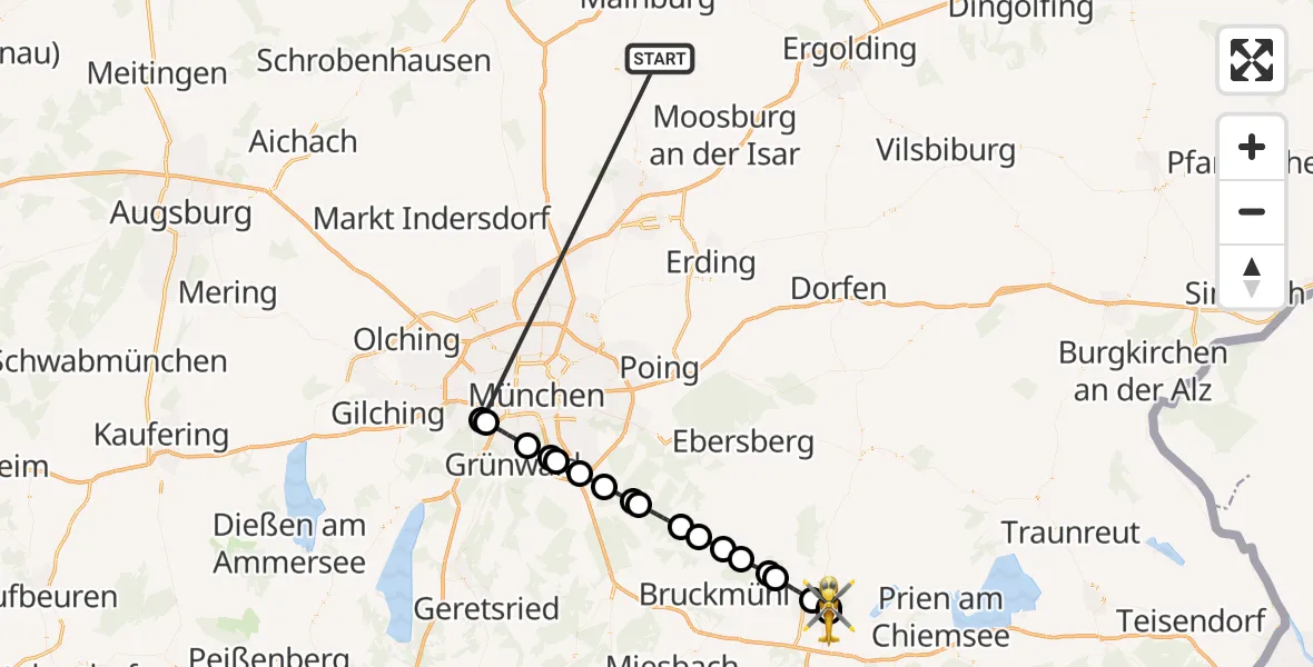 Flugroute Rettungshubschrauber Rudelzhausen - RoMed Hospital Rosenheim, 14 Oktober 2026, 12:27