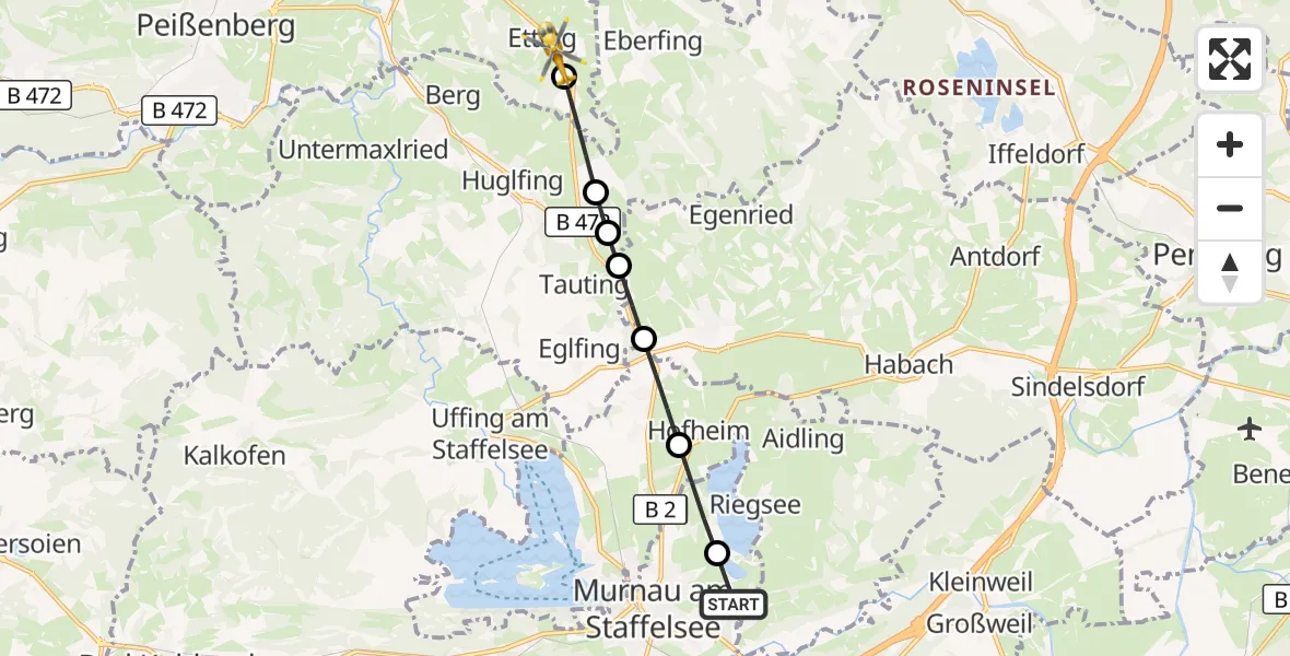 Flugroute Rettungshubschrauber Riegsee - Polling, 14 Oktober 2026, 12:27
