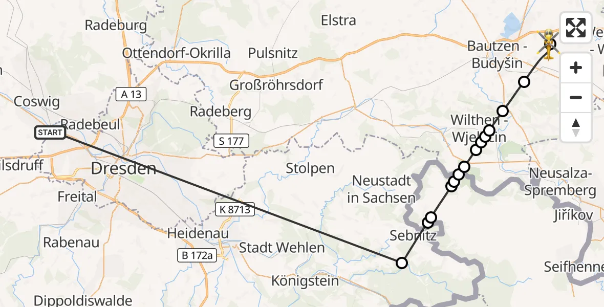 Flugroute Rettungshubschrauber Dresden - Bautzen Flugplatz, 14 Oktober 2026, 12:31