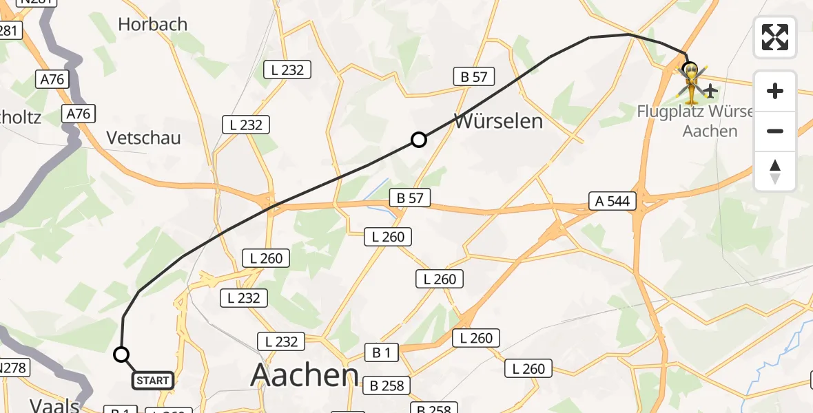 Flugroute Rettungshubschrauber Aachen Hospital - Aachen-Merzbrück Flughafen, 14 Oktober 2026, 12:34