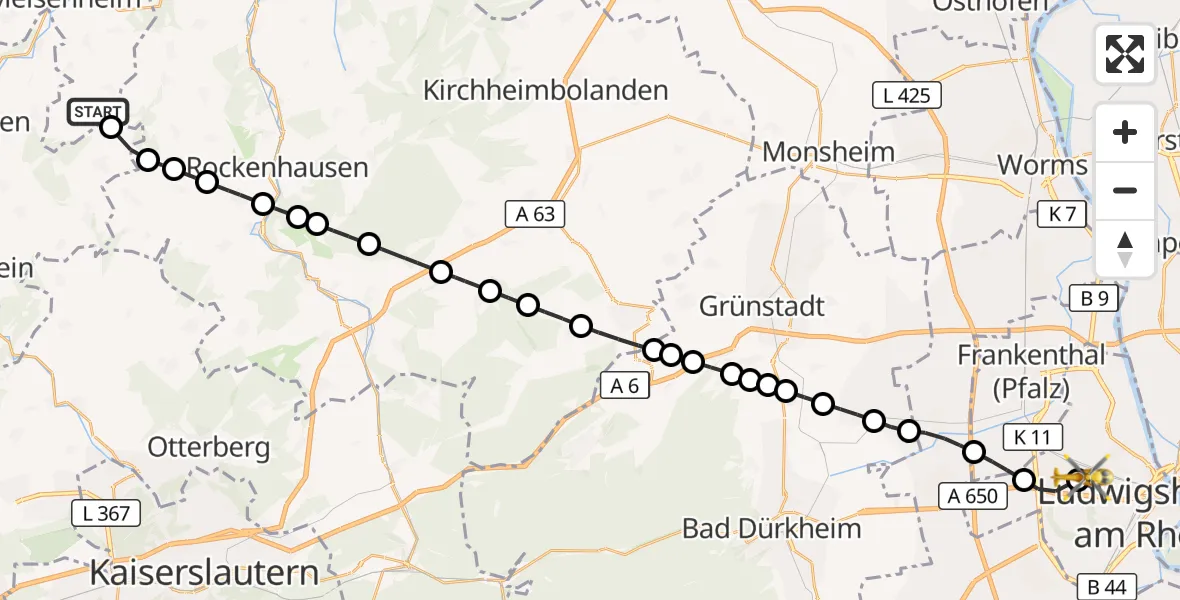 Flugroute Rettungshubschrauber Becherbach - Ludwigshafen Accident Hospital, 14 Oktober 2026, 12:37